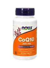 NOW CoQ10 200 mg supplement bottle with front label, 60 veg capsules