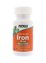 Now Foods double strength iron supplement bottle, 36 mg, 90 veggie caps, white cap