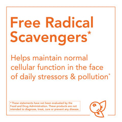 NOW product label with orange text reading Free Radical Scavengers and cellular protection claim EGCG green tea extract supplement