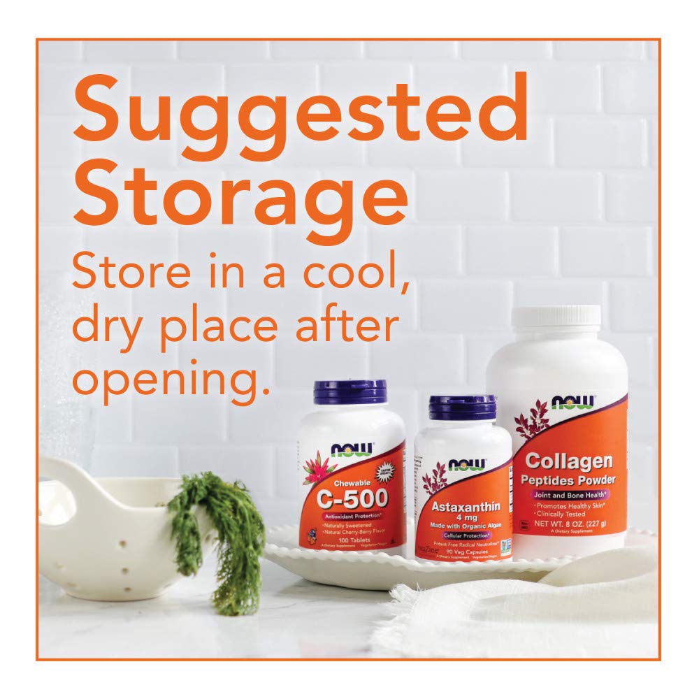 NOW supplement bottles and suggested storage sign on counter featuring EGCG green tea extract supplement