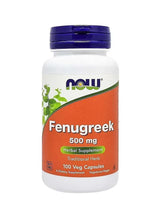 Fenugreek herbal supplement bottle, 500 mg, 100 veg capsules, NOW Foods