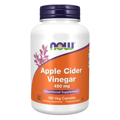 Now Foods apple cider vinegar supplement bottle 450 mg 180 vegetarian capsules white bottle orange label NOW logo
