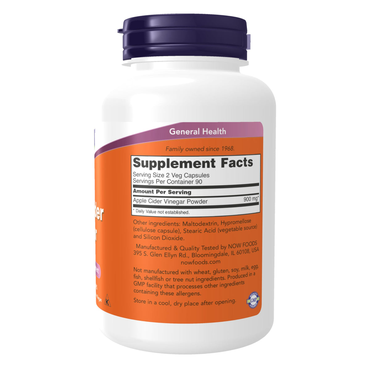 Now Foods apple cider vinegar supplement white bottle with purple cap and orange Supplement Facts label