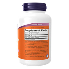 Now Foods apple cider vinegar supplement white bottle with purple cap and orange Supplement Facts label