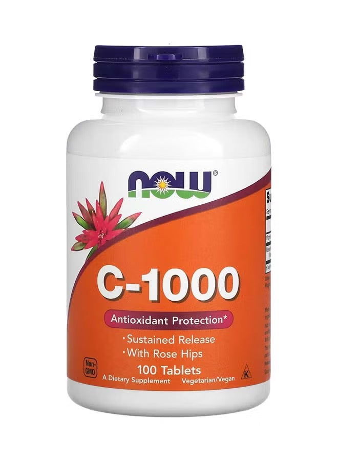 NOW Foods C-1000 vitamin C tablets bottle with 100 vegetarian capsules for antioxidant protection