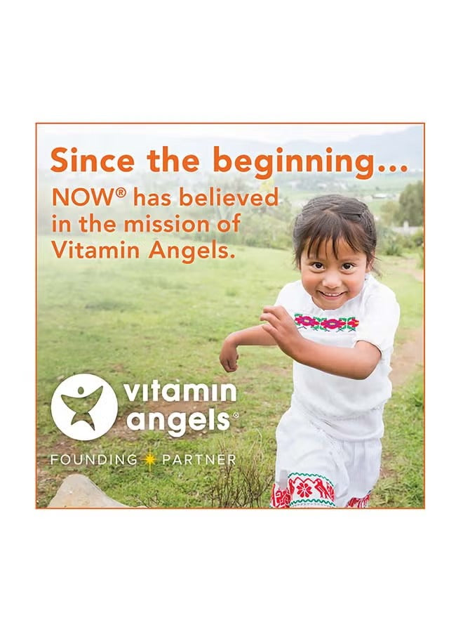 NOW Foods C-1000 vitamin C tablets promotional image supporting Vitamin Angels initiative