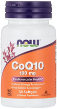 CoQ10 100 mg supplement bottle with 50 softgels and NOW logo on label