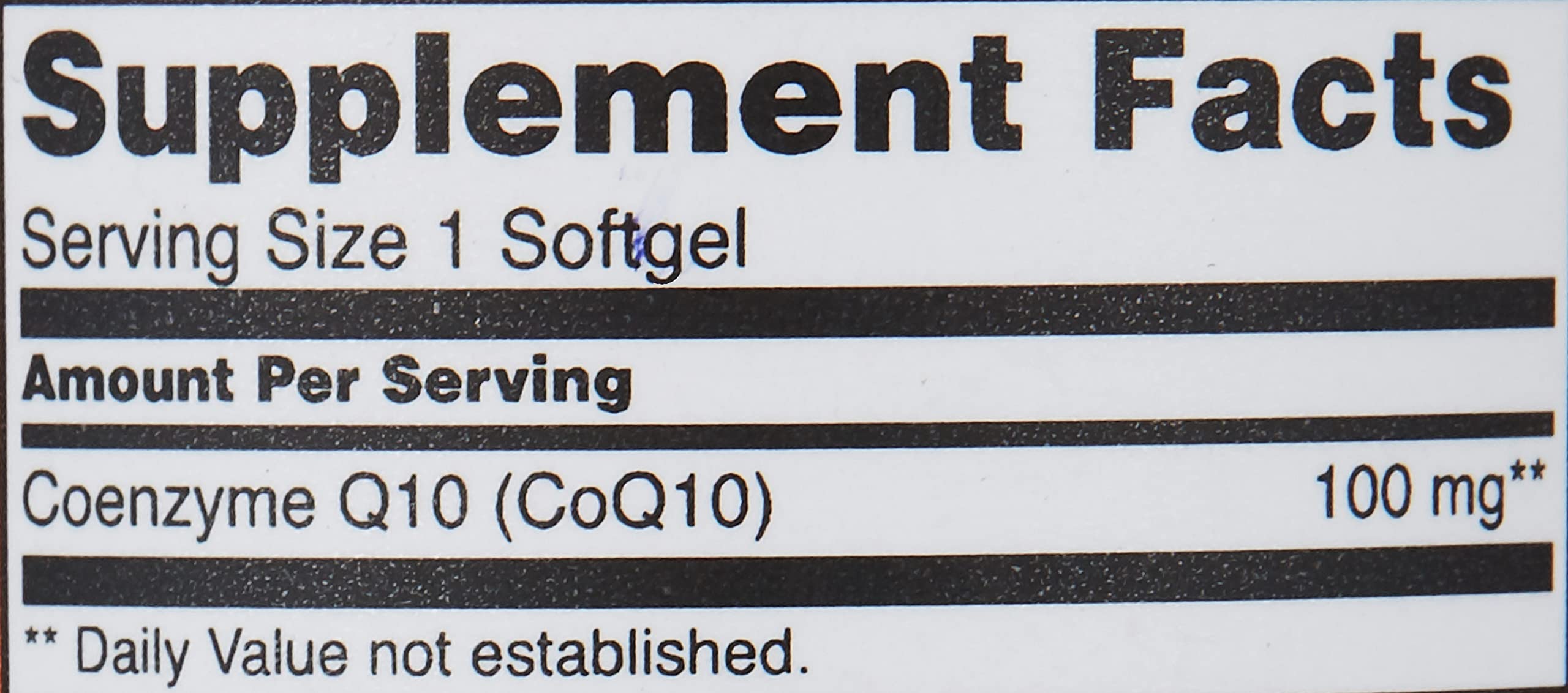 NOW supplement facts label showing Coenzyme Q10 100 mg per softgel CoQ10 100mg supplements UAE black text on white
