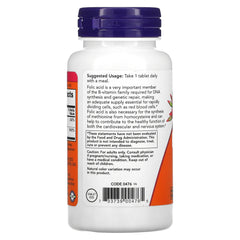 NOW bottle showing back label and directions for use folic acid 800 mcg supplement white bottle with purple lid