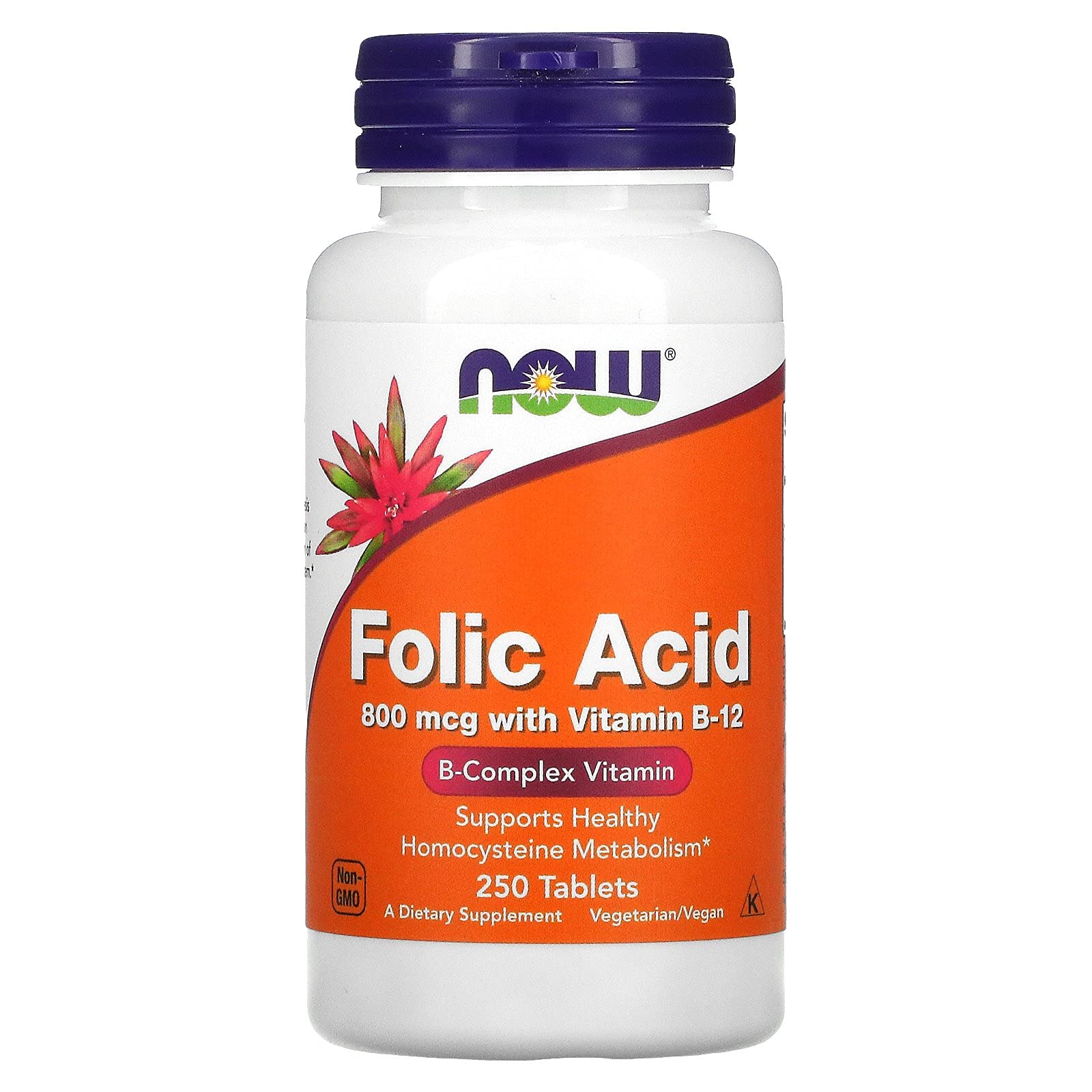 NOW Folic Acid 250 tablets bottle orange label folic acid 800 mcg supplement with Vitamin B12