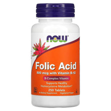 Folic acid supplement bottle front label with NOW logo, 800 mcg and 250 tablets