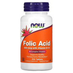 NOW Folic Acid 250 tablets bottle orange label folic acid 800 mcg supplement with Vitamin B12
