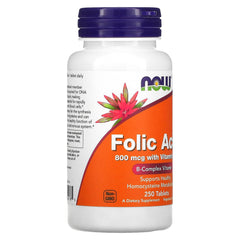 NOW brand white bottle with purple cap of folic acid 800 mcg supplement 250 tablets orange label