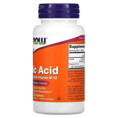NOW bottle of folic acid 800 mcg supplement with vitamin B12 orange label purple cap 250 tablets