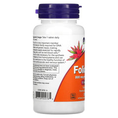 NOW white supplement bottle with purple cap and orange label showing flower design, folic acid 800 mcg supplement for daily use
