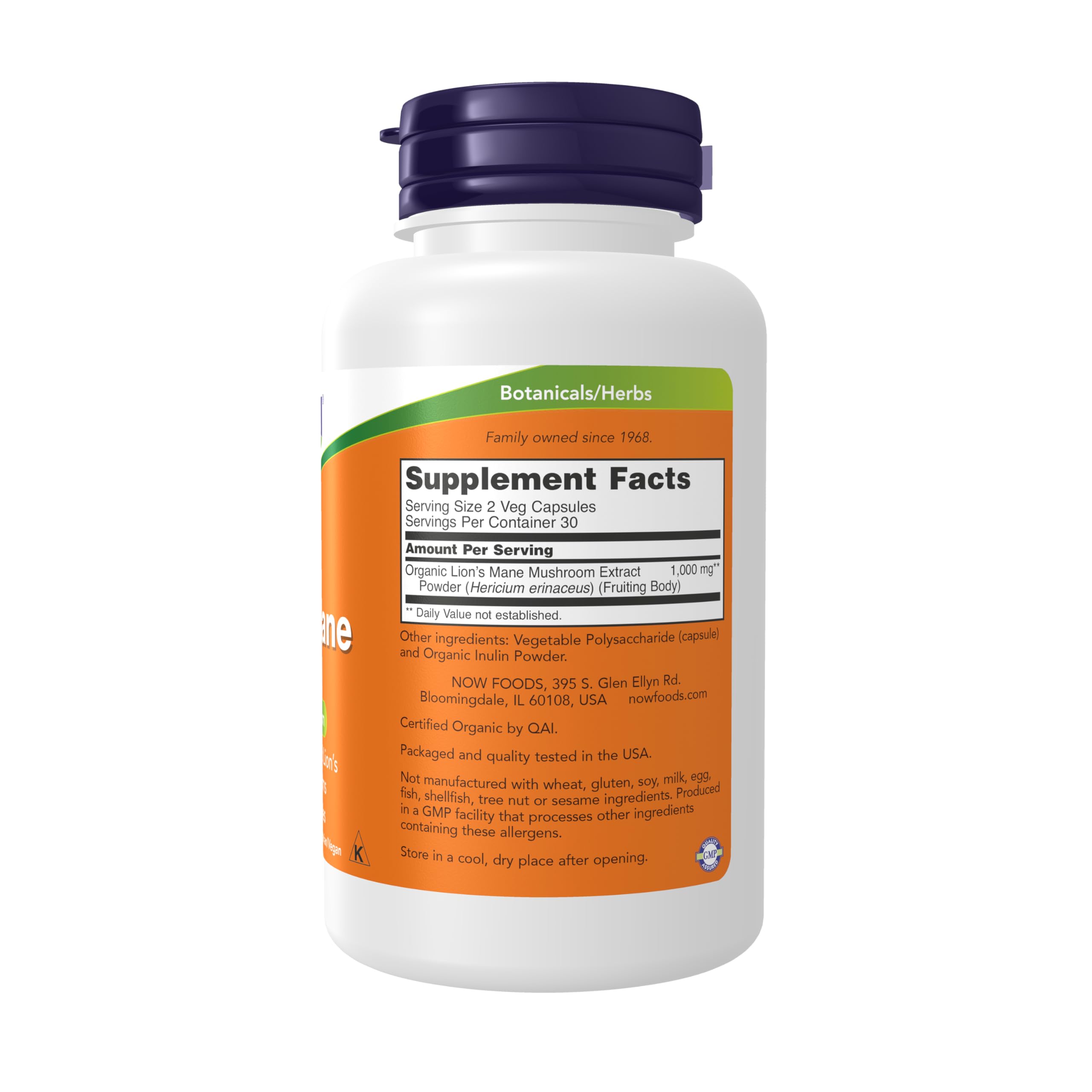 White bottle with purple cap showing supplement facts label for Lion's Mane mushroom supplement bottle