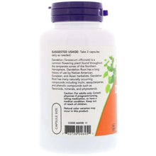 Dandelion root supplement bottle with directions and capsule size label, NOW