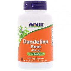 Now Foods dandelion root supplement 500 mg bottle NOW brand 100 veg capsules orange label purple cap