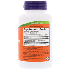 NOW brand white bottle with purple cap of Now Foods dandelion root supplement showing supplement facts label for herbal support