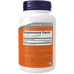 NOW Foods Glycine 1000mg capsules white bottle with purple cap and orange Supplement Facts label