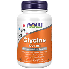 NOW Foods Glycine 1000mg capsules bottle by NOW with 100 veg capsules for neurotransmitter and sleep support