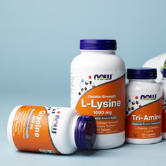 NOW Foods Glycine 1000mg capsules bottle shown with NOW L Lysine and Tri Amino supplement bottles