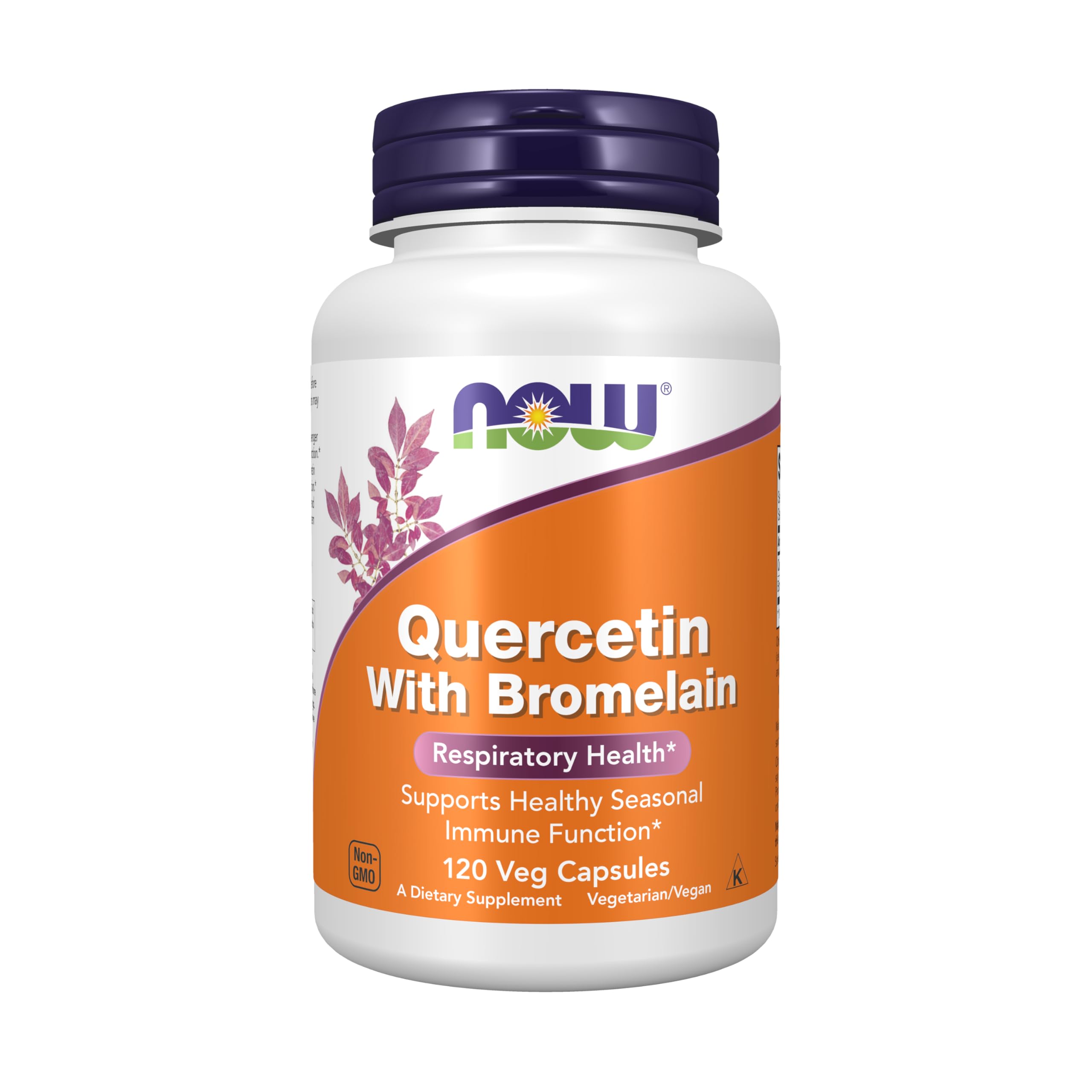 Now Foods quercetin supplement white bottle with purple cap Quercetin with Bromelain 120 veg capsules orange label