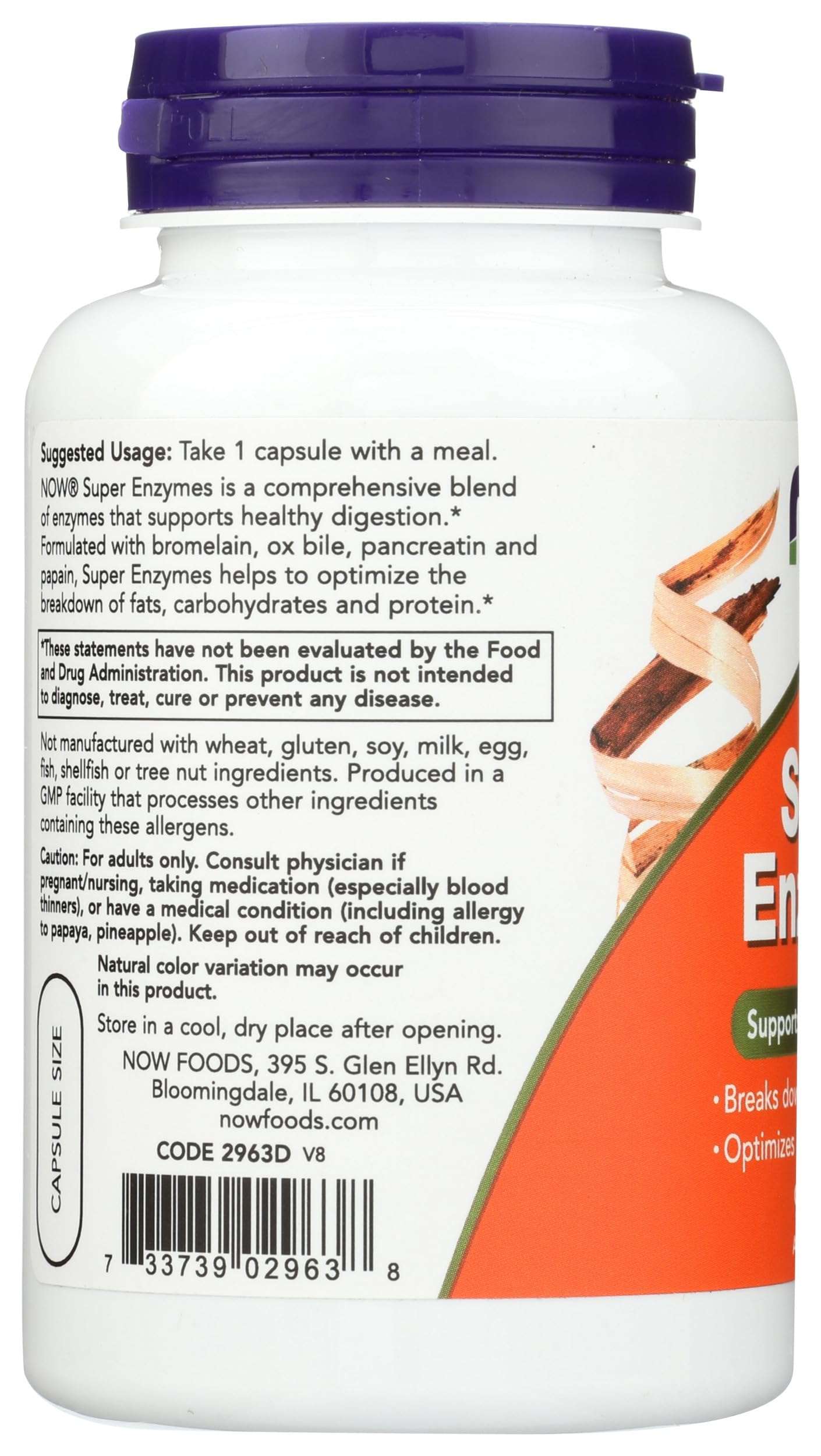 White supplement bottle with purple cap showing back nutrition label Now Foods Super Enzymes capsules orange label