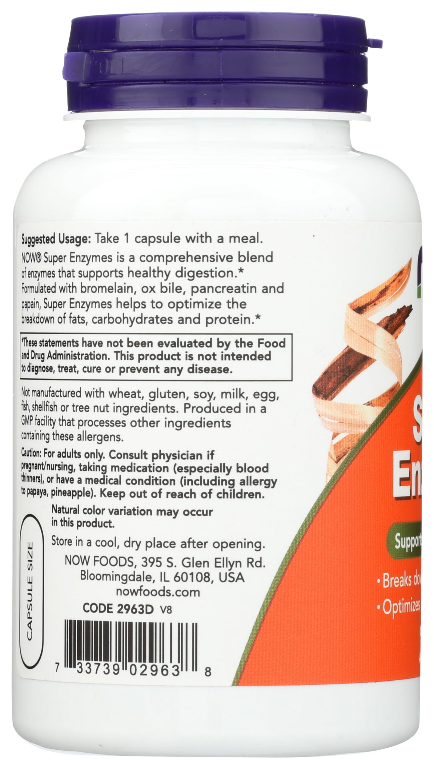 White supplement bottle with purple cap showing back nutrition label Now Foods Super Enzymes capsules orange label