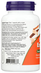 White supplement bottle with purple cap showing back nutrition label Now Foods Super Enzymes capsules orange label