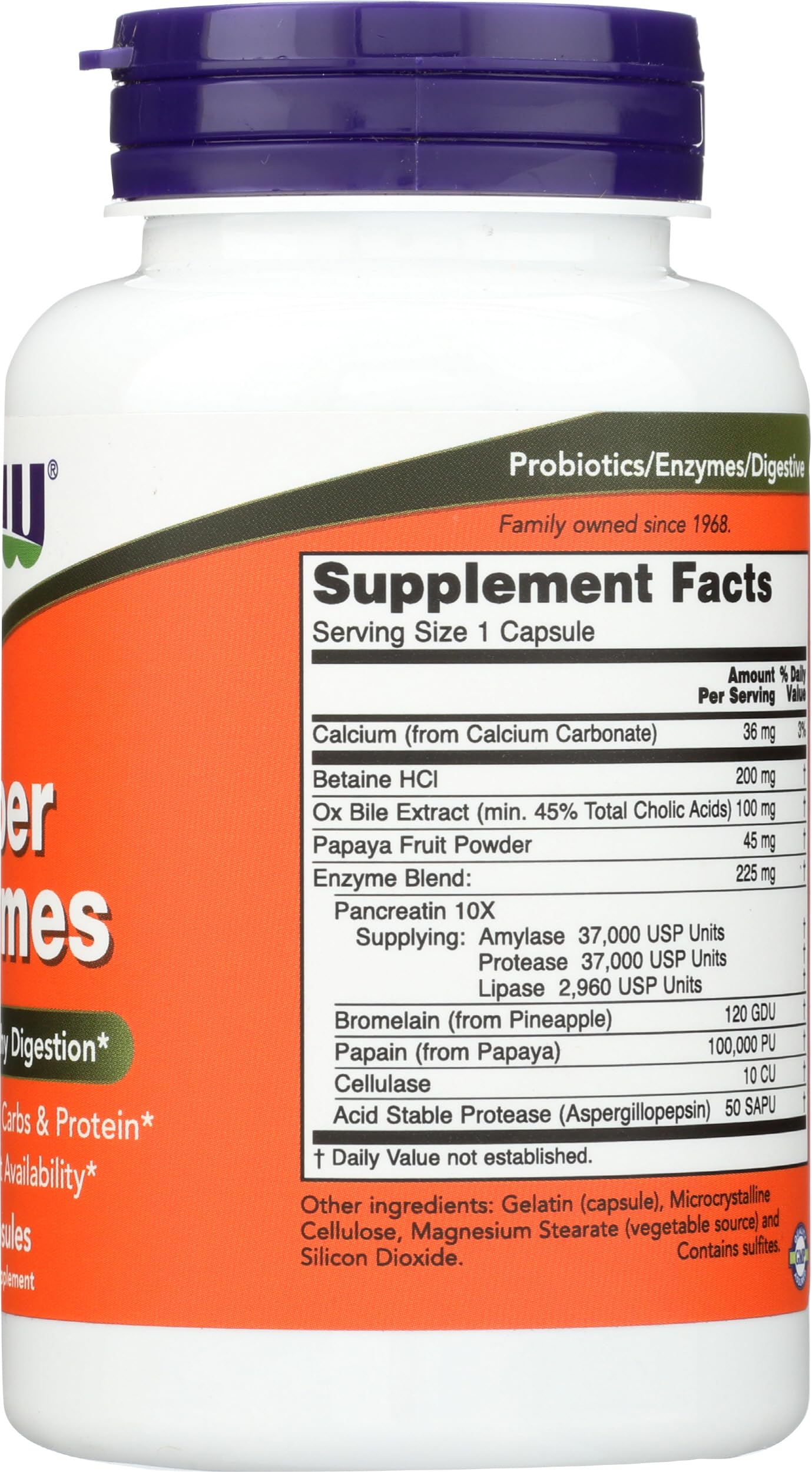 Now Foods Super Enzymes capsules white bottle with purple cap and Supplement Facts label