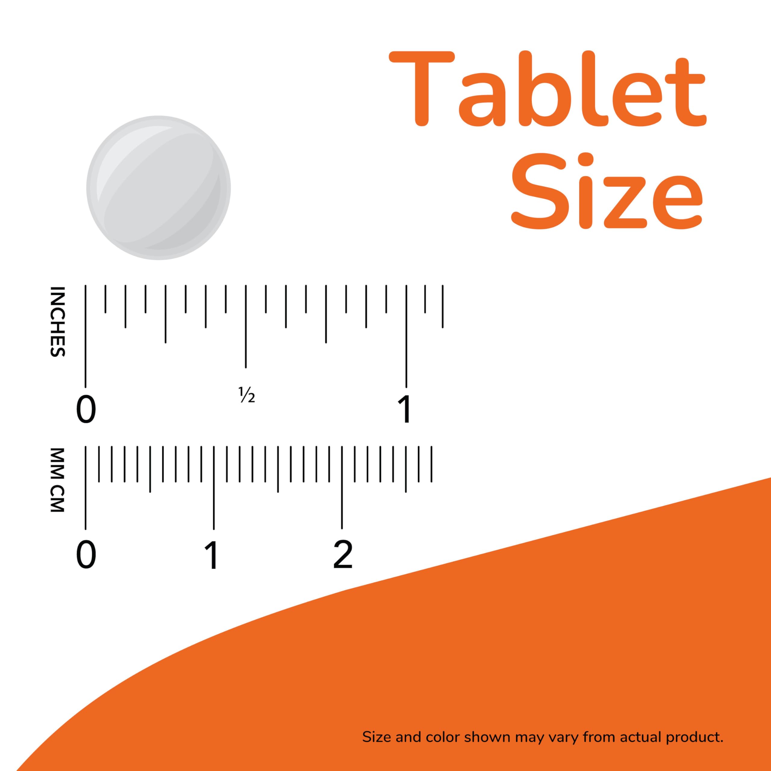 Now Foods Vitamin B1 supplement white round tablet shown next to inch and cm rulers indicating tablet size with orange label