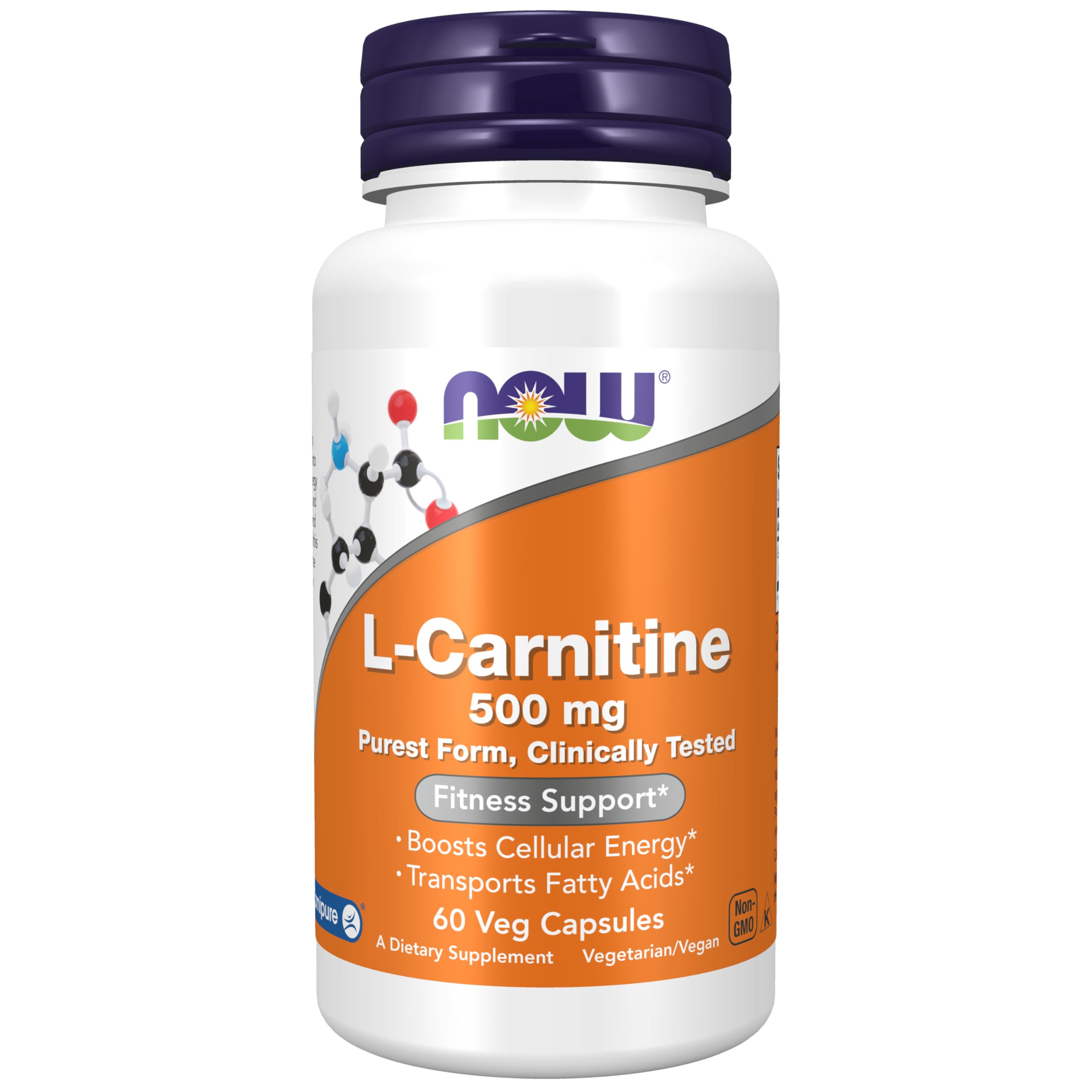 NOW L-Carnitine veg capsules 500 mg white bottle orange label 60 veg capsules fitness support