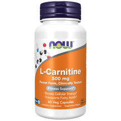 NOW L-Carnitine veg capsules 500 mg white bottle orange label 60 veg capsules fitness support