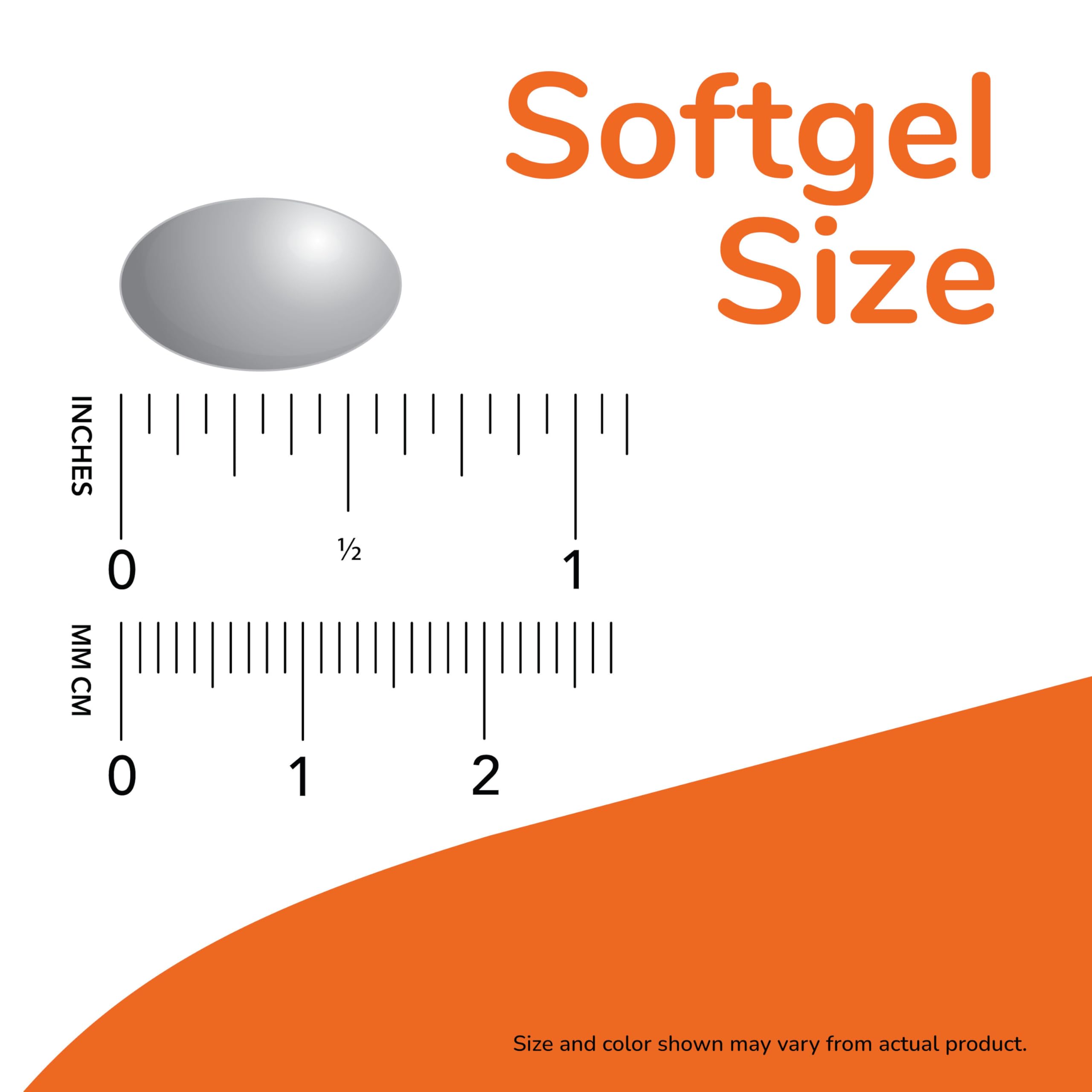 Now Foods vitamin E softgels size illustration showing single gray oval softgel next to inch and mm rulers