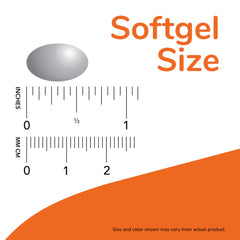 Now Foods vitamin E softgels size illustration showing single gray oval softgel next to inch and mm rulers
