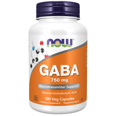 NOW bottle of GABA 750 mg capsules 100 veg capsules neurotransmitter support dietary supplement