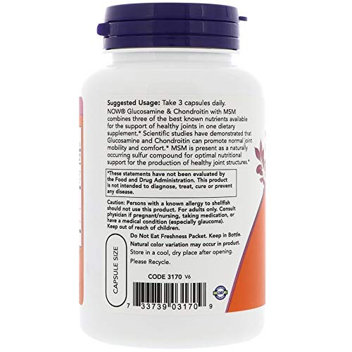 NOW glucosamine chondroitin MSM supplement UAE white bottle with purple cap joint support capsules label
