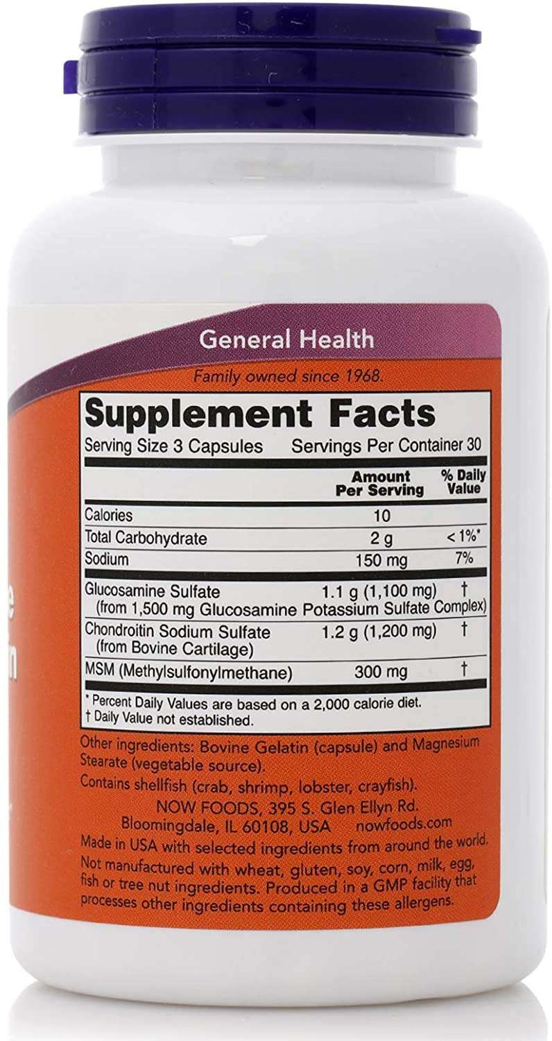 NOW white supplement bottle with purple cap showing label for glucosamine chondroitin MSM supplement UAE joint support