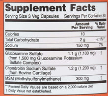 Supplement Facts panel listing glucosamine sulfate, chondroitin, and MSM