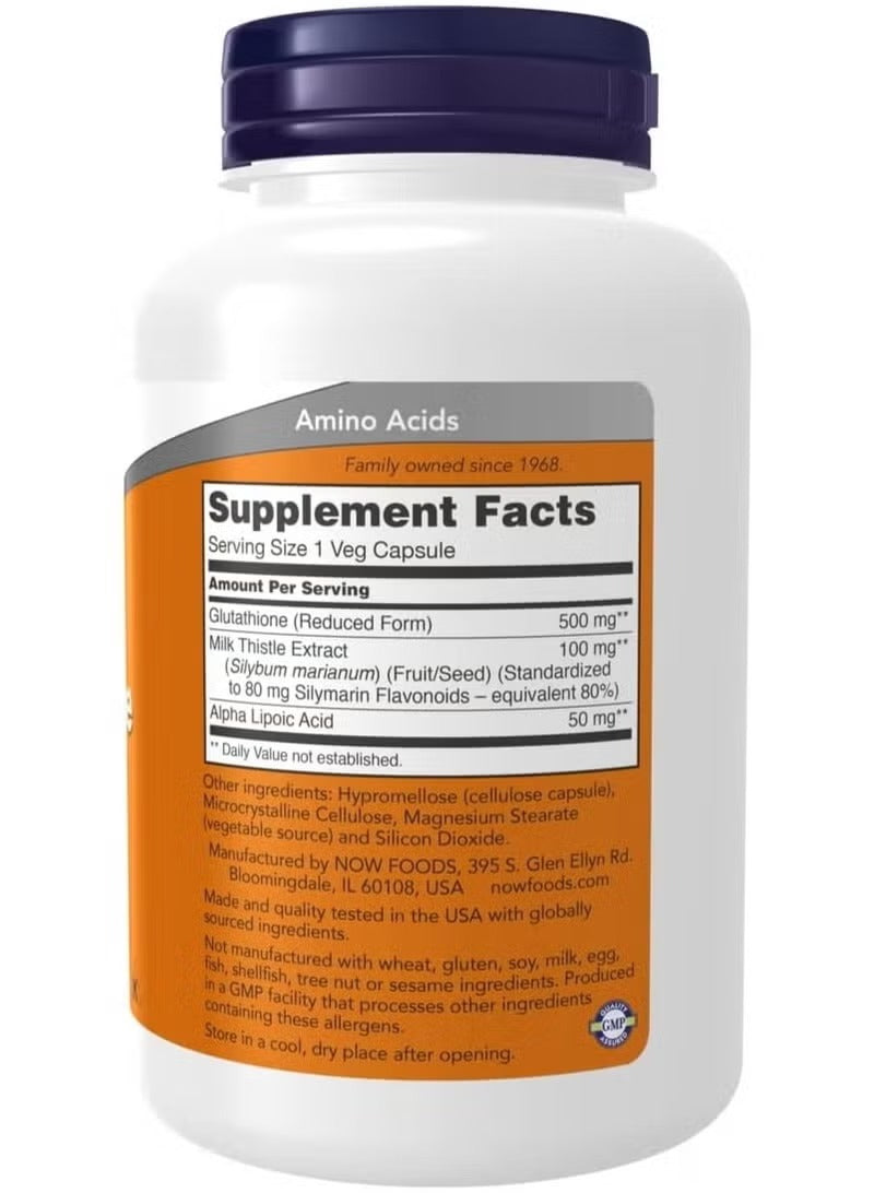 NOW Foods Glutathione 500mg capsules in a white bottle with nutrition facts label for antioxidant support