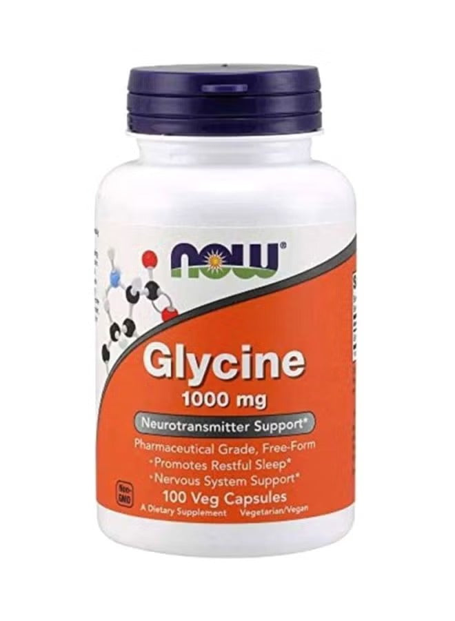 NOW Foods Glycine 1000mg capsules in a bottle for neurotransmitter support and restful sleep