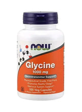 Glycine 1000 mg supplement bottle with purple cap and orange product label, 100 veggie capsules