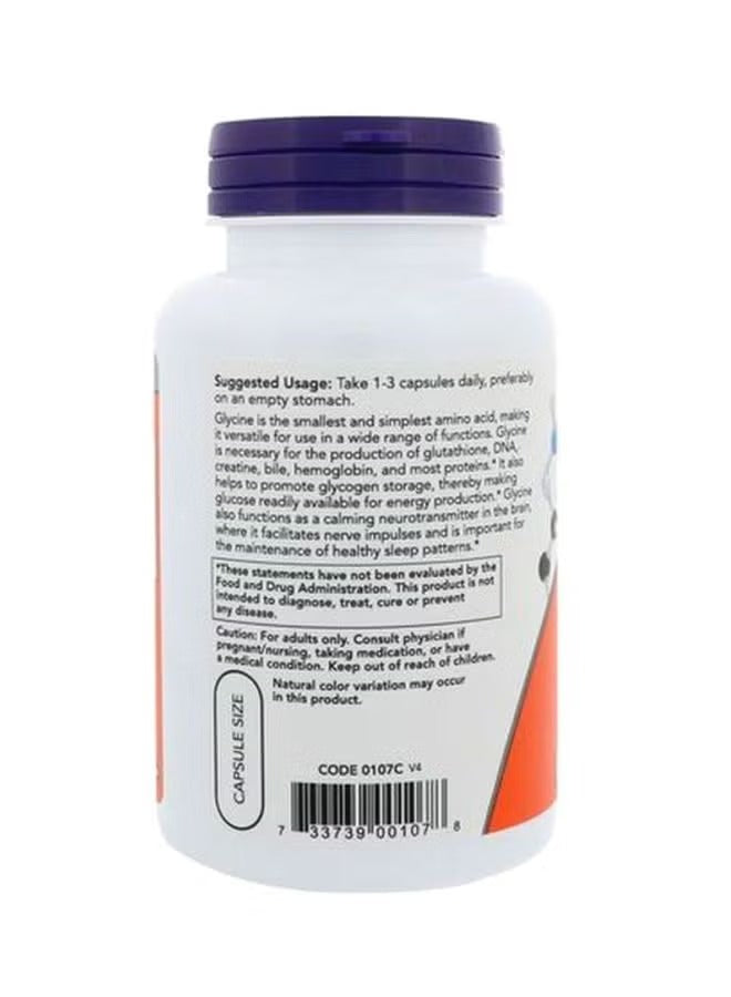 NOW Foods Glycine 1000mg capsules in a bottle with suggested usage instructions on the label