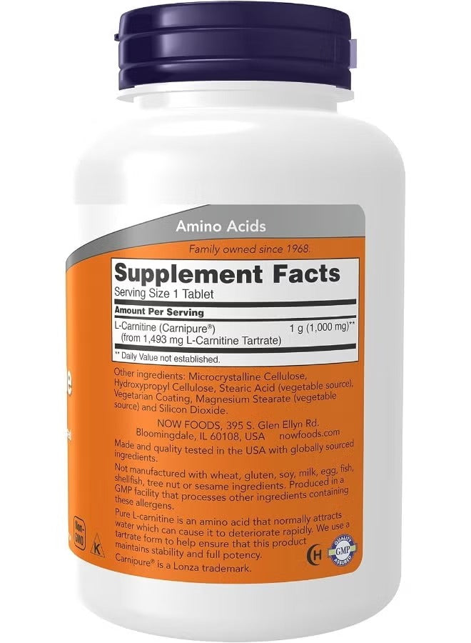 NOW Foods L-Carnitine 1000 mg tablets in a white bottle with supplement facts label