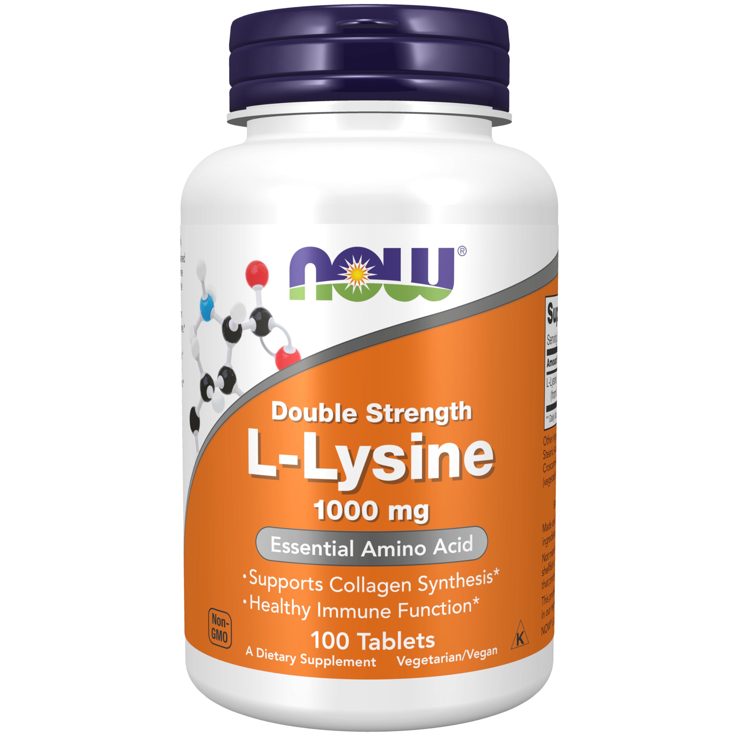 NOW Double Strength L-Lysine 1000 mg bottle 100 tablets white orange label and purple cap L-Lysine for immune support.