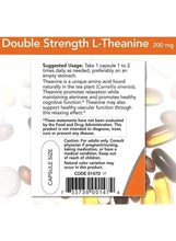 Supplement label with suggested use directions for L-Theanine 200 mg capsules