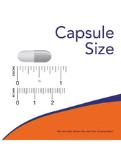 NOW Foods L-Theanine 200mg capsules shown with size comparison ruler for easy reference