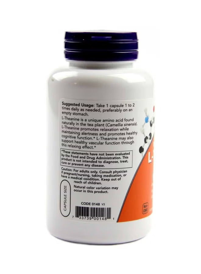NOW Foods L-Theanine 200mg capsules bottle with suggested usage and benefits listed on the label