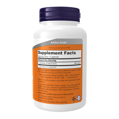 NOW Labeled white supplement bottle with purple cap showing Supplement Facts for L-Tyrosine 500mg capsules
